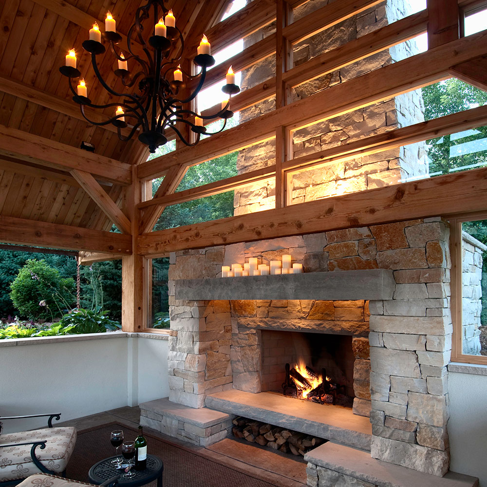 timber frame gazebo with stone fireplace
