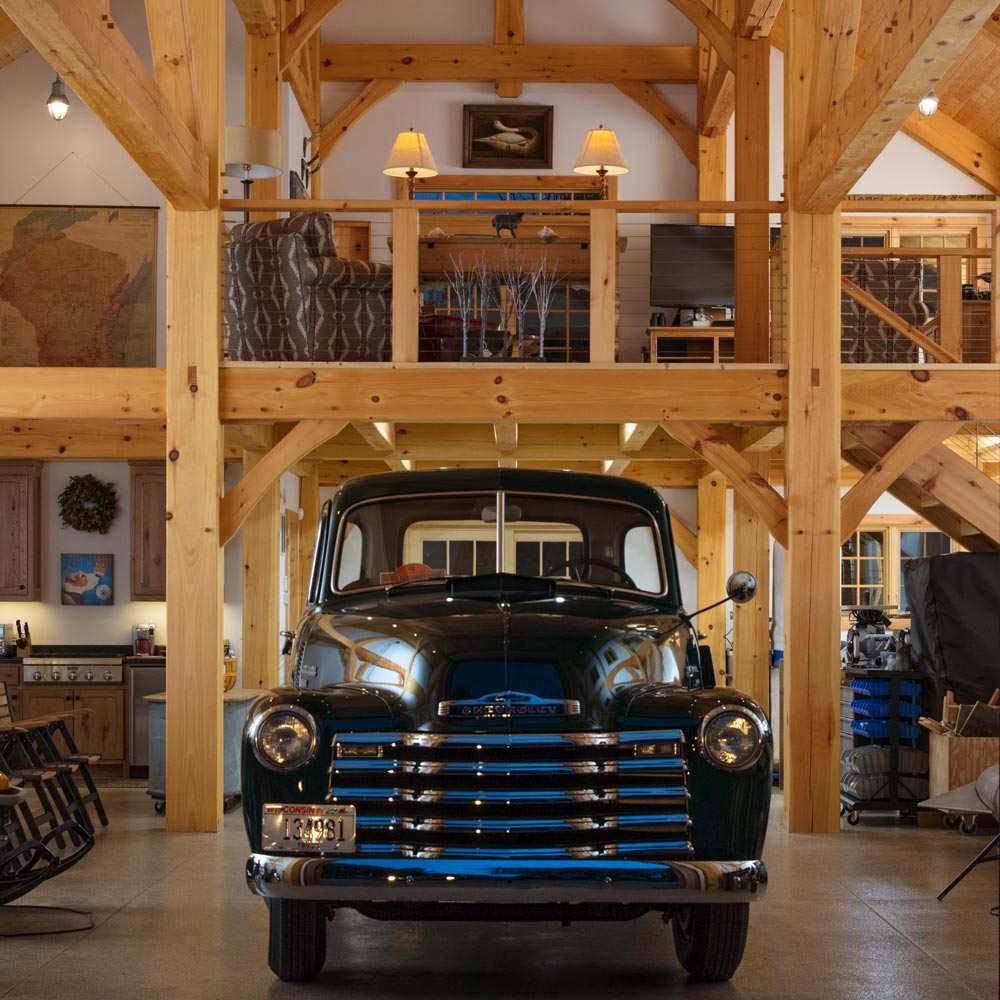 custom timber barn interior with truck inside